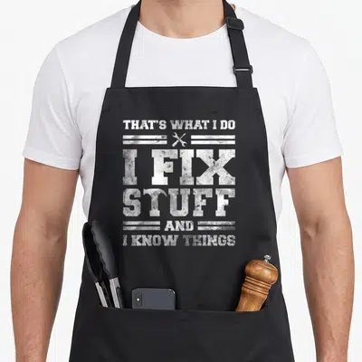 Tablier de cuisine noir avec inscription That's What I Do I Fix Stuff And I Know Things et deux clés croisées en blanc.