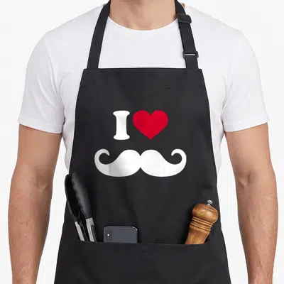 Tablier de cuisine noir avec inscription I love moustache, cœur rouge et dessin de moustache blanche stylisée.