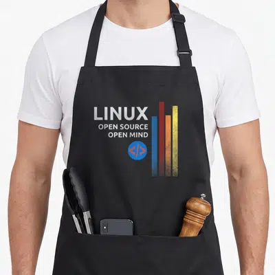 Tablier de cuisine noir avec inscription Linux Open Source Open Mind et barres colorées verticales.