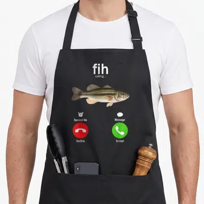 Tablier de cuisine noir avec un poisson bass et une interface d'appel téléphonique affichant les options Refuser et Accepter.