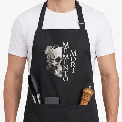 Tablier de cuisine noir avec un crâne illustré et le texte Memento Mori disposé verticalement.