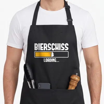 Tablier de cuisine noir avec inscription Bierschiss et barre de chargement Loading orange.