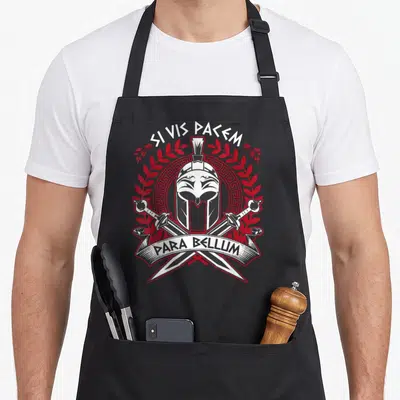 Tablier de cuisine noir orné d'un casque spartiate, de deux épées croisées et de la mention Si Vis Pacem Para Bellum en blanc et rouge.