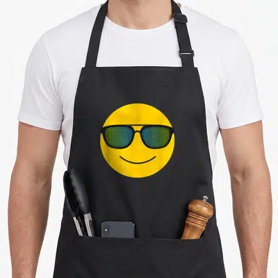 Tablier de cuisine noir avec un grand smiley jaune souriant portant des lunettes de soleil à motif pointillé vert et bleu.