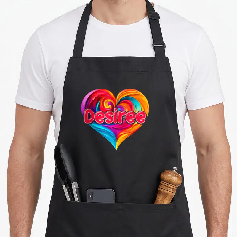 Tablier de cuisine noir avec un grand cœur multicolore et le mot Desiree en lettres roses au centre.