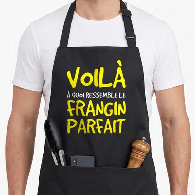 Tablier de cuisine noir avec inscription jaune et blanche Voilà à quoi ressemble le frangin parfait