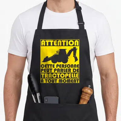 Tablier de cuisine noir avec panneau jaune signalant qu'une personne peut parler de tractopelle à tout moment.