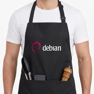 Tablier de cuisine noir avec le logo Debian représentant une spirale rose et le texte blanc.
