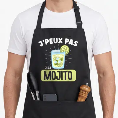 Tablier de cuisine noir avec illustration d'un verre de mojito et le texte J'peux pas j'ai Mojito