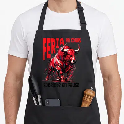 Tablier de cuisine noir avec un taureau rouge stylisé et des textes rouges et noirs.