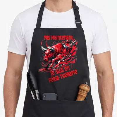 Tablier de cuisine noir avec illustration d'un taureau rouge et texte Pas Maintenant Je suis en Feria-Thérapie