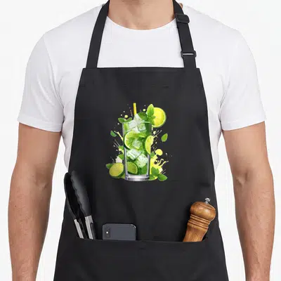 Tablier de cuisine noir avec illustration colorée d'un verre de Mojito garni de limes et de menthe fraîche.