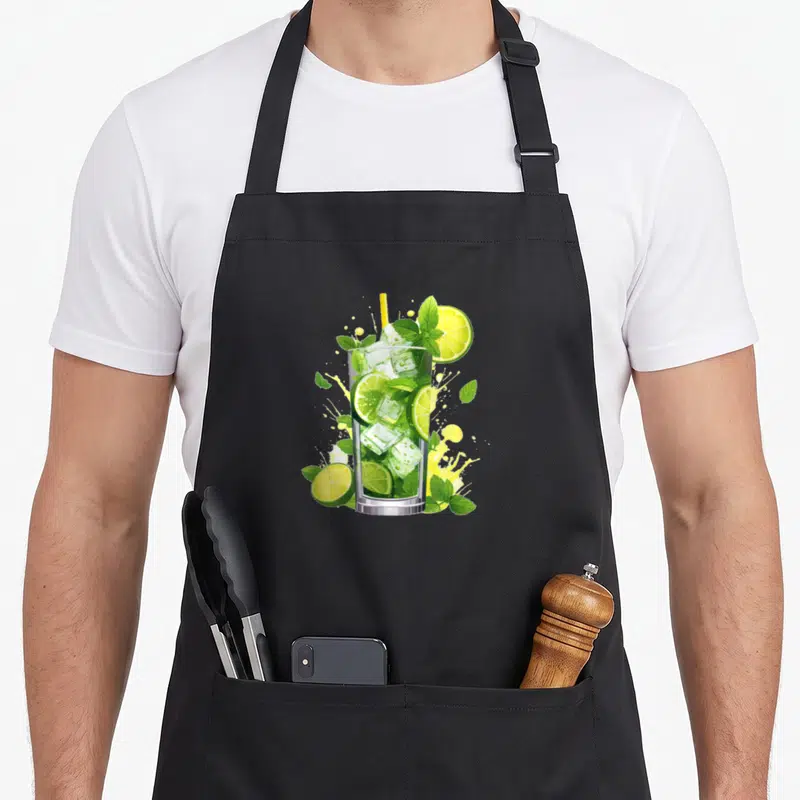 Tablier de cuisine noir avec illustration colorée d'un verre de Mojito garni de limes et de menthe fraîche.