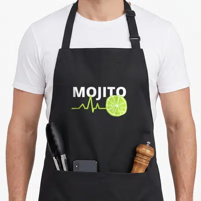 Tablier de cuisine noir avec l'inscription MOJITO et une ligne ECG reliant un citron vert au texte.