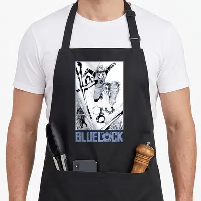 Tablier de cuisine noir avec une illustration de Gin Gagamaru en pleine action et le logo Blue Lock en bas.