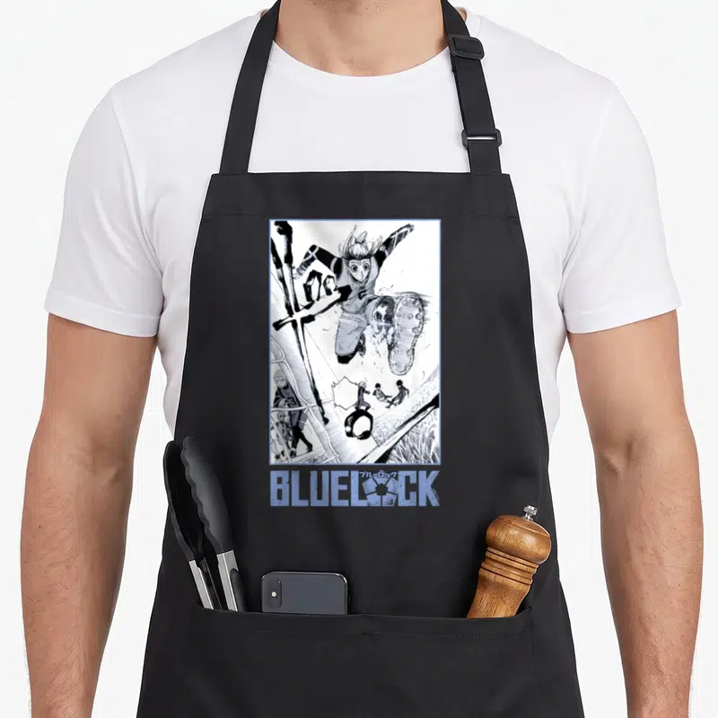 Tablier de cuisine noir avec une illustration de Gin Gagamaru en pleine action et le logo Blue Lock en bas.