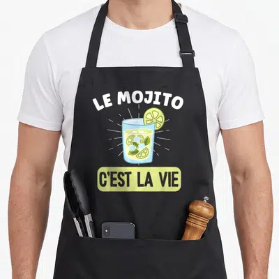 Tablier de cuisine noir avec illustration d'un verre de mojito, de tranches de lime et le texte Le Mojito c'est la Vie.