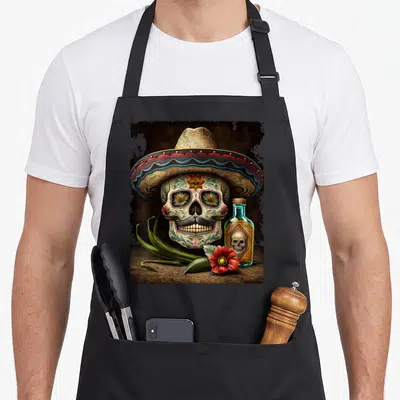Tablier de cuisine noir avec un crâne de sucre mexicain portant un sombrero et une bouteille de tequila sur fond bois.