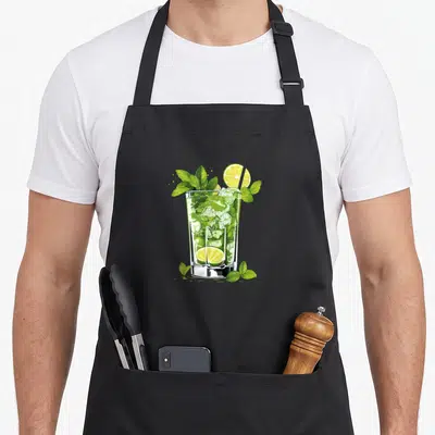 Tablier de cuisine noir avec illustration d'un verre de mojito garni de menthe, de tranches de lime et d'une paille noire.