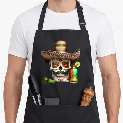Tablier de cuisine noir avec un crâne décoré portant un sombrero et tenant une bouteille de tequila ainsi que des limes.