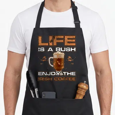 Tablier de cuisine noir avec illustration d'un verre d'Irish Coffee et texte Life is a rush « Profitez du café irlandais » en orange et blanc.