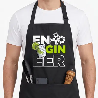 Tablier de cuisine noir avec l'inscription ENGINEER et un verre de gin garni de citron vert.