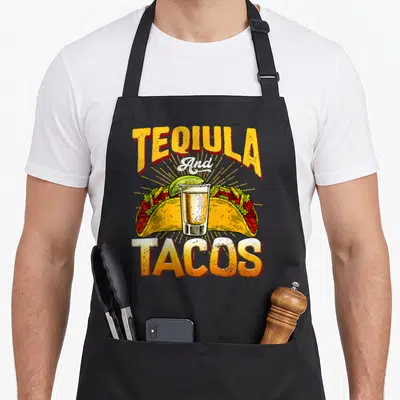 Tablier de cuisine noir avec illustration vintage de tequila et tacos aux couleurs vives.