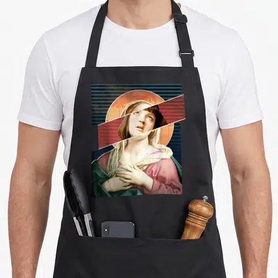 Tablier de cuisine noir avec illustration Virgin Mia style saignement du nez de Wallace sur fond géométrique coloré.