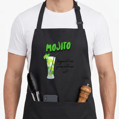 Tablier de cuisine noir avec illustration de verre de mojito, tranches de citron vert, menthe et texte aujourd'hui je me mets au vert.