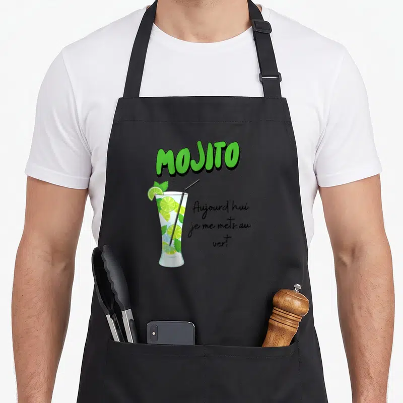 Tablier de cuisine noir avec illustration de verre de mojito, tranches de citron vert, menthe et texte aujourd'hui je me mets au vert.