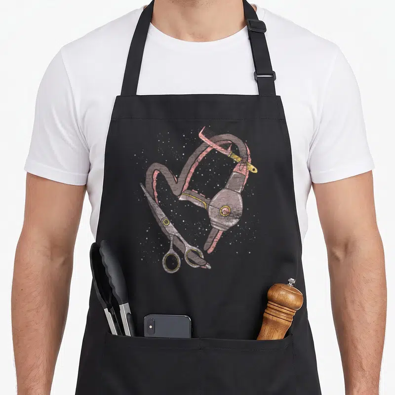 Tablier de cuisine noir avec ciseaux, peigne et flacon rose stylisés en dessin.