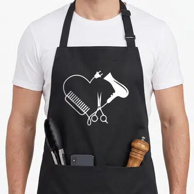 Tablier de cuisine noir avec heart blanc formé par un sèche-cheveux, une brosse et des ciseaux croisés.