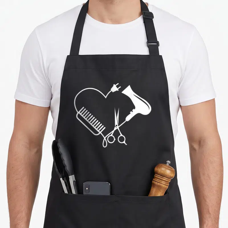 Tablier de cuisine noir avec heart blanc formé par un sèche-cheveux, une brosse et des ciseaux croisés.