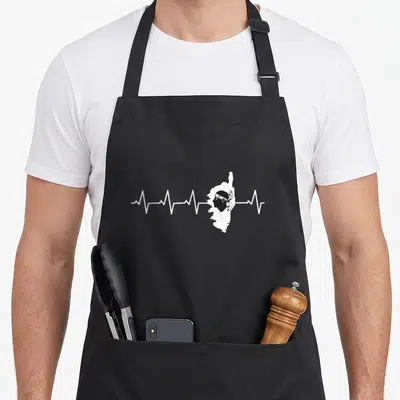 Tablier de cuisine noir avec silhouette corse et ligne de battement de cœur blanche stylisée.