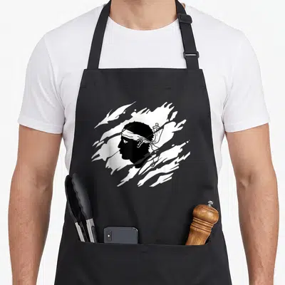Tablier de cuisine noir avec profil masculin stylisé en noir et blanc et bandeau blanc.