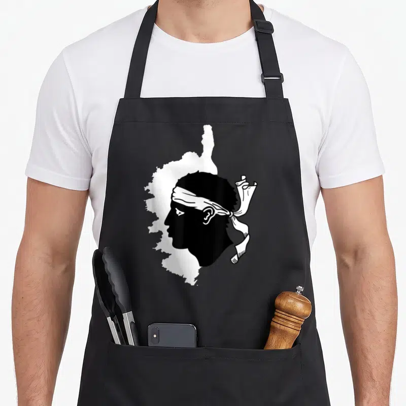 Tablier de cuisine noir avec carte de France et silhouette de pirate corsé au bandana blanc.