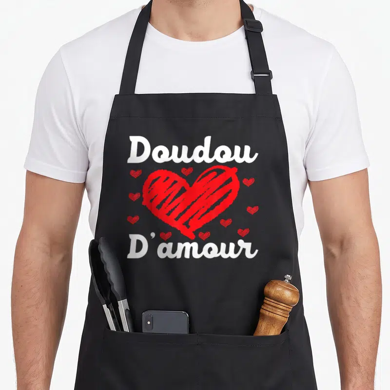 Tablier de cuisine noir avec un grand cœur rouge et le texte blanc Doudou d'amour entouré de petits cœurs.