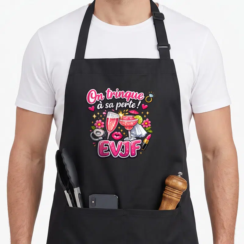 Tablier de cuisine noir avec illustration_EVJF On trinque à sa perte cocktails et fleurs roses