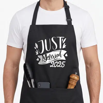 Tablier de cuisine noir avec l'inscription Just Married 2025 en blanc sur une banderole stylisée entourée de feuilles et de petits coeurs.