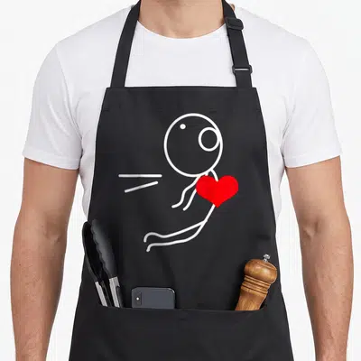 Tablier de cuisine noir avec illustration stick figure blanche tenant un cœur rouge vif en mouvement.