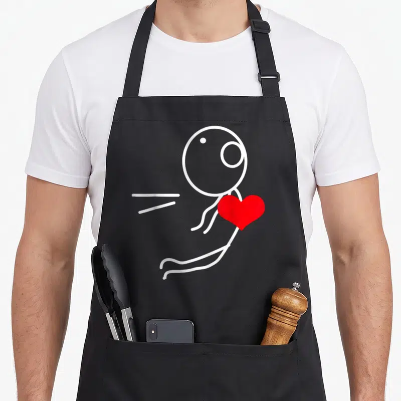 Tablier de cuisine noir avec illustration stick figure blanche tenant un cœur rouge vif en mouvement.