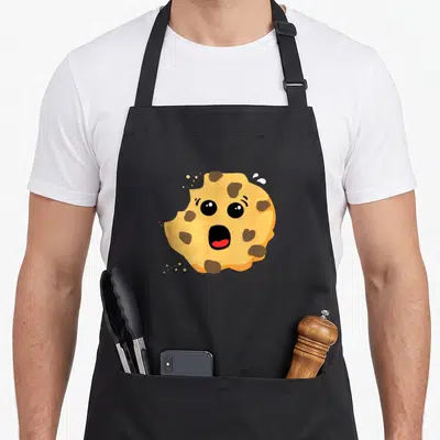 Tablier de cuisine noir avec un biscuit aux pépites de chocolat au visage expressif et une bouche ouverte.