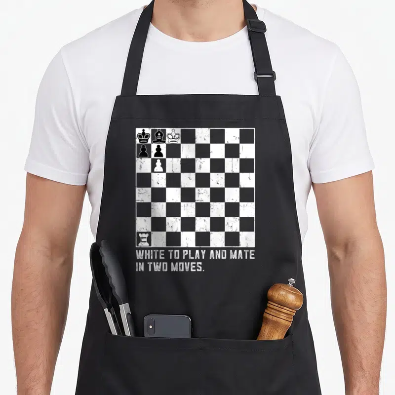 Tablier de cuisine noir avec un motif de plateau d'échecs blanc et un texte en anglais en bas de l'impression.