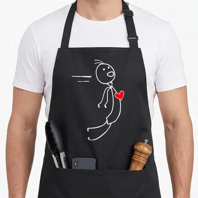 Tablier de cuisine noir avec dessin d'une silhouette blanche courant et tenant un cœur rouge derrière son dos.