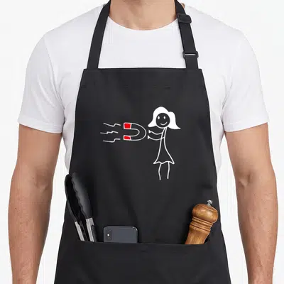 Tablier de cuisine noir avec une silhouette blanche souriante tenant un aimant rouge et blanc, sur fond gris uni.