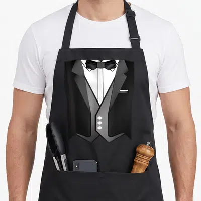 Tablier de cuisine noir avec illustration de costume de soirée, nœud papillon et gilet à trois boutons blancs.