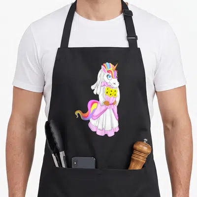 Tablier de cuisine noir avec illustration d'une licorne bride en robe rose tenant un bouquet de tournesols jaunes.