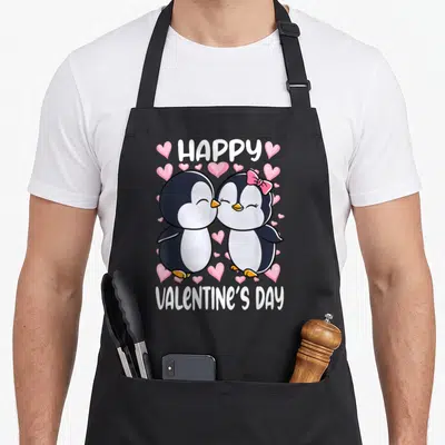 Tablier de cuisine noir avec deux pingouins s'embrassant et des cœurs roses autour du texte Happy Valentine's Day.