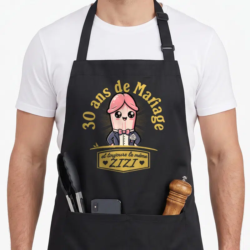 Tablier de cuisine noir avec illustration d'un personnage en costume et texte 30 ans de Mariage et ZIZI