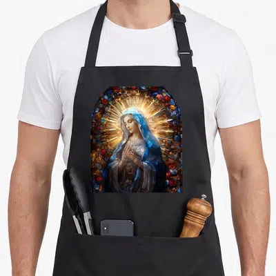 Tablier de cuisine noir avec un vitrail représentant la Vierge Marie aux mains jointes et un halo doré.